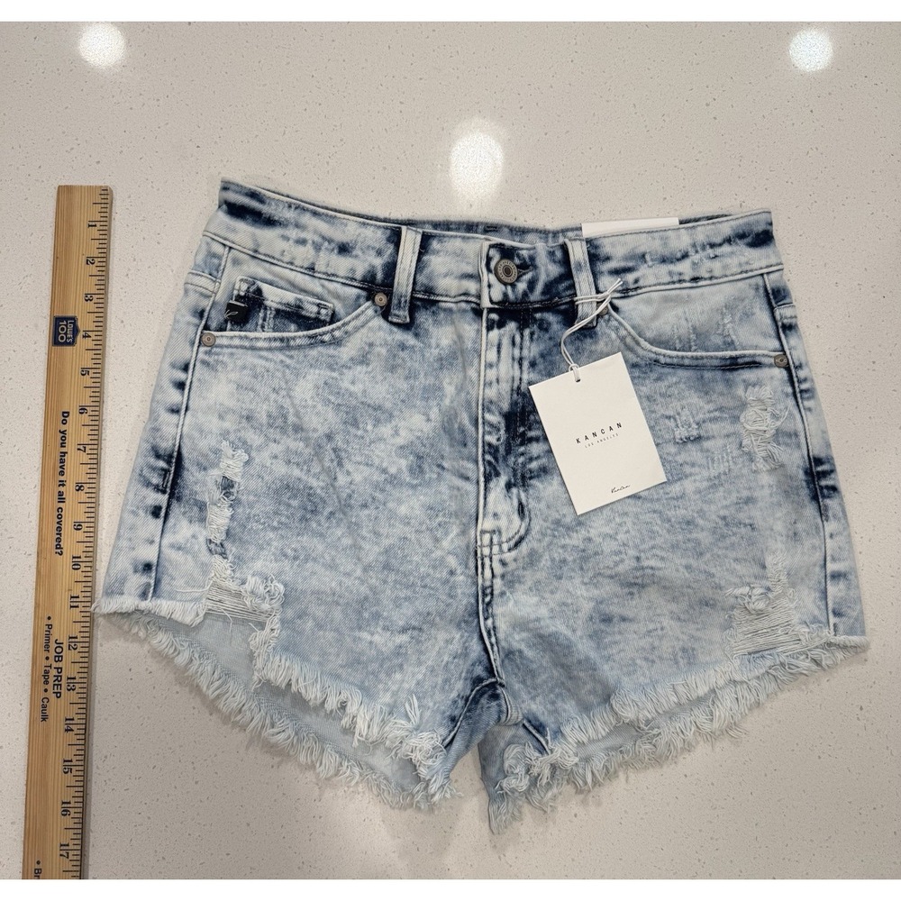 Kancan High Rise Shorts Size L Frayed Hem KC6321L-N Acid Wash Light
